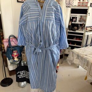 Men's Blue and White Striped Cotton Robe with Tie Belt Bill Blass